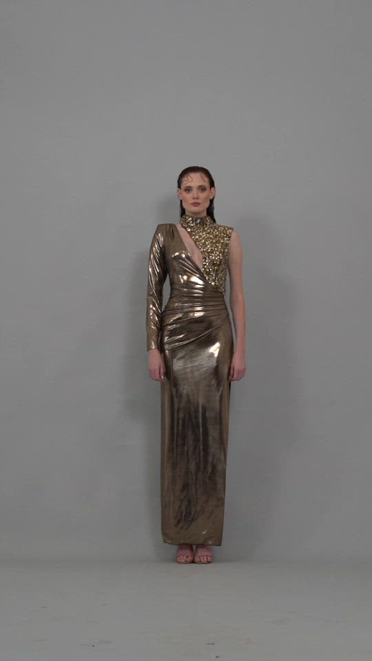 One sleeved asymmetrical bronze lamé dress