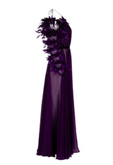 Purple dress with separate feathered sleeves