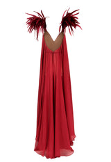Burgundy silk chiffon dress with feathers on shoulders