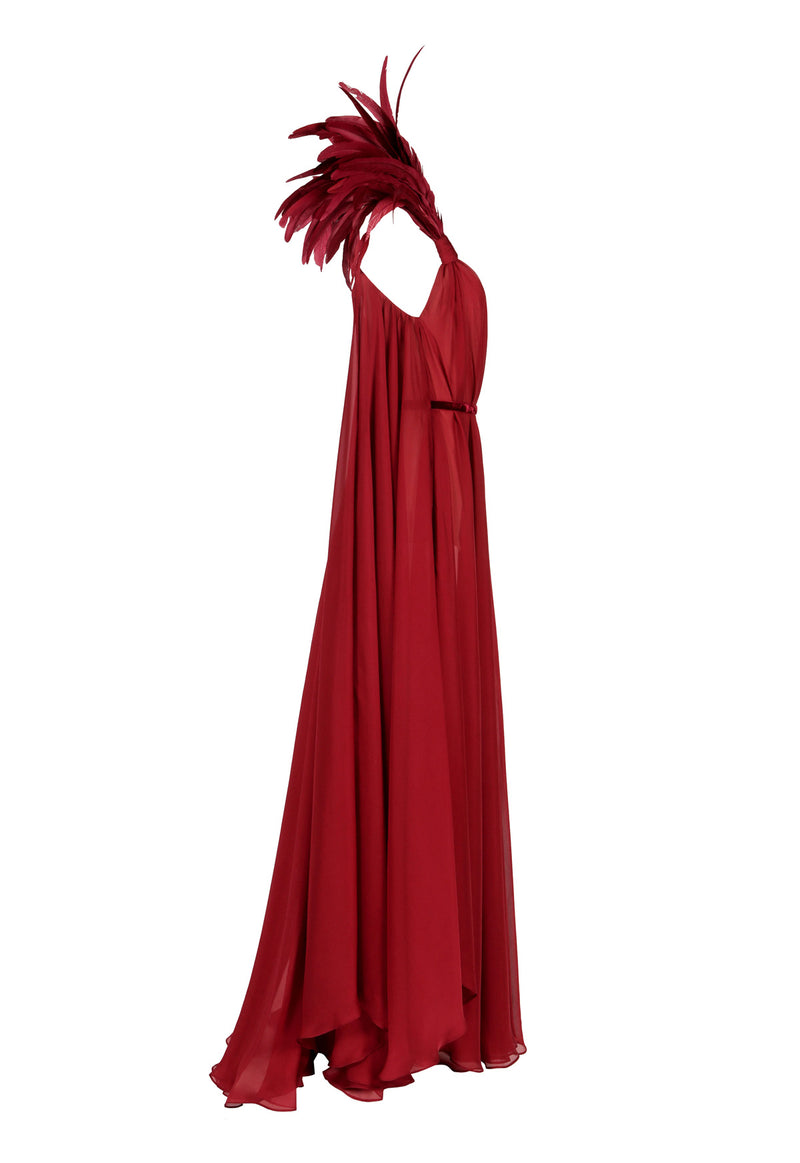 Feathered burgundy silk chiffon dress