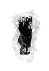Jet black sequin corseted mini dress with white feathers