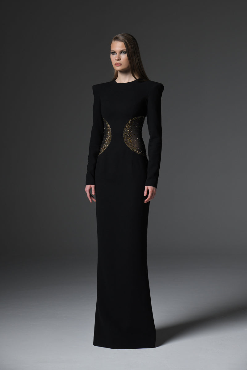 Black crêpe dress featuring crystal studded tulle cutouts