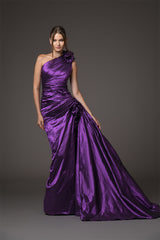 Asymmetrical draped purple taffeta dress with flower detailing on shoulder