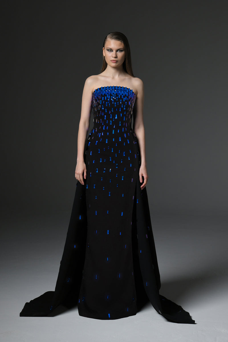 Fully embroidered black crêpe dress with overskirt