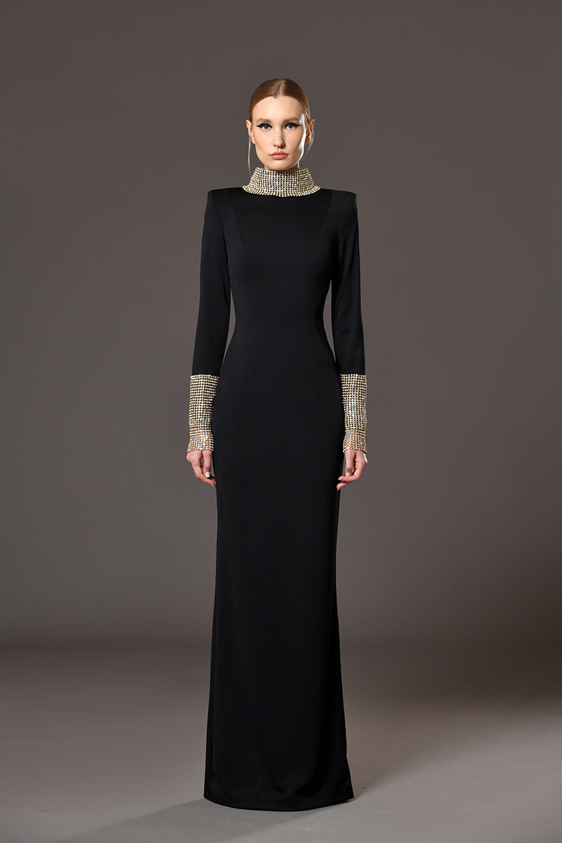 Black jersey dress with crystal chainmail on the neckline and sleeves