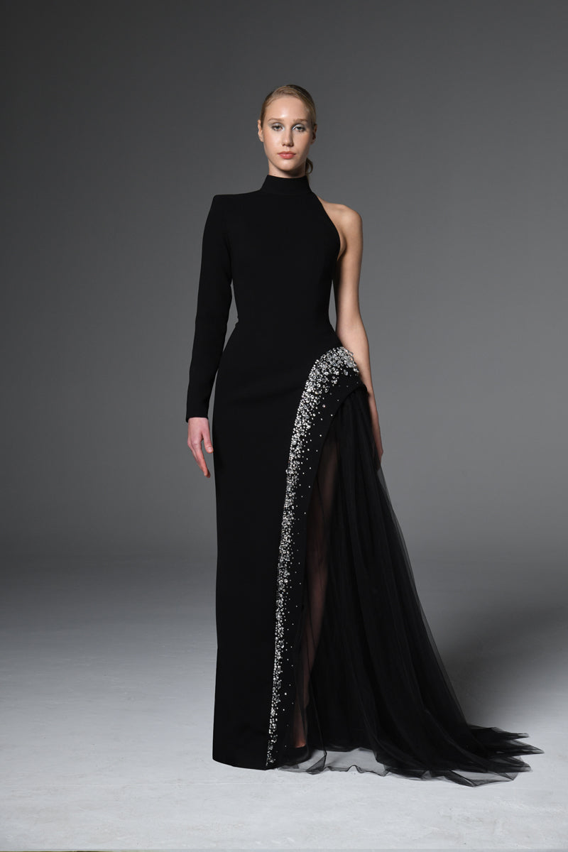 Black asymmetric crêpe dress with crystal embroidery