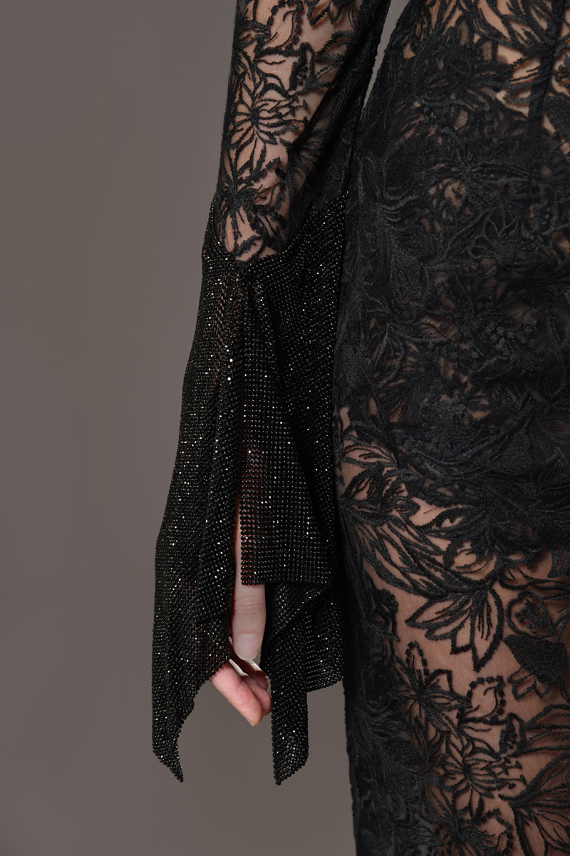 Black crystal chainmail sleeves on black lace dress 