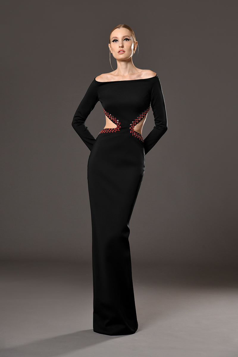 Black jersey dress featuring red crystal embroidery on the waist cut-out and back