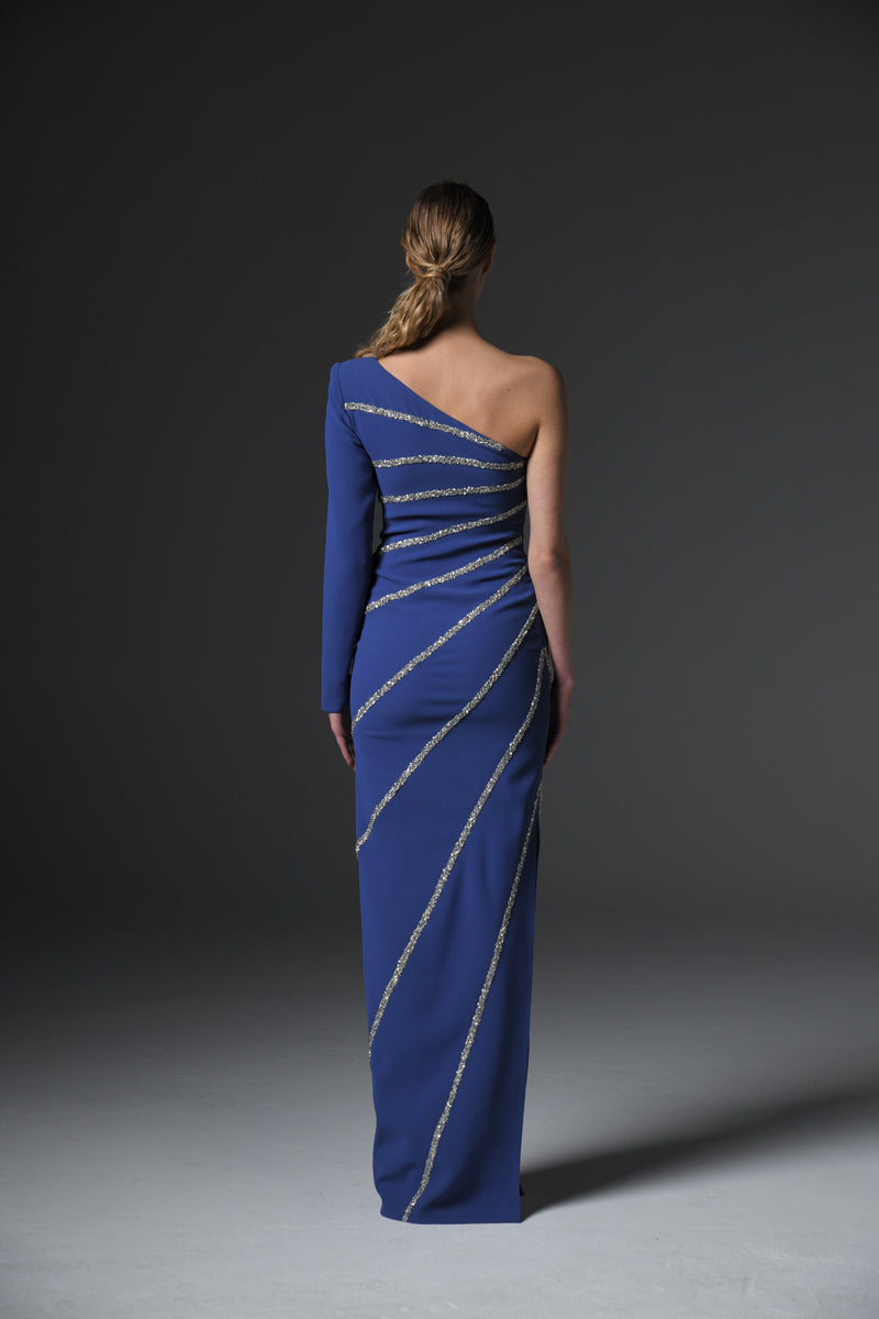 Dark blue crêpe asymmetric dress with crystals