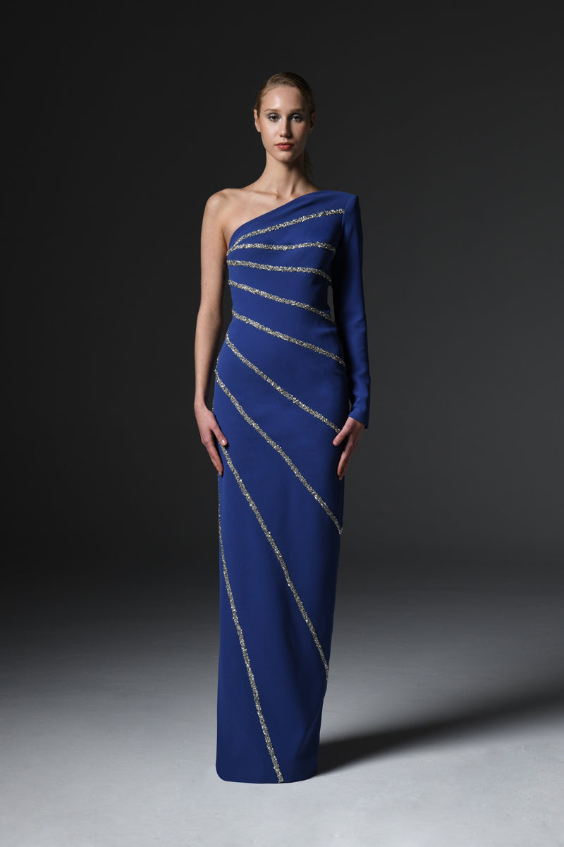 Dark blue crêpe asymmetric dress with crystals