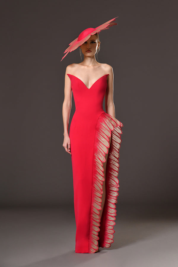 Red crêpe dress with thread embroidered daisy petals on side slit