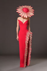 Red crêpe dress with thread embroidered daisy petals on side slit with hat