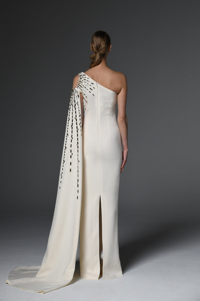 Ivory asymmetric crêpe dress with embroidery