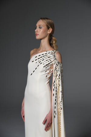 Ivory asymmetric crêpe dress with embroidered cape sleeve