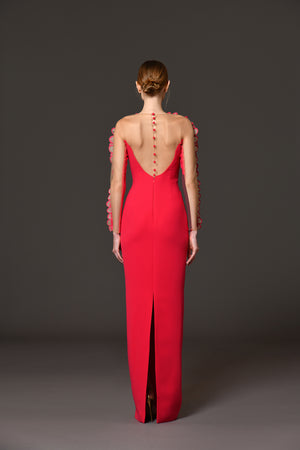 Red crêpe dress with thread embroidered daisy petals from neckline to sleeve and open back