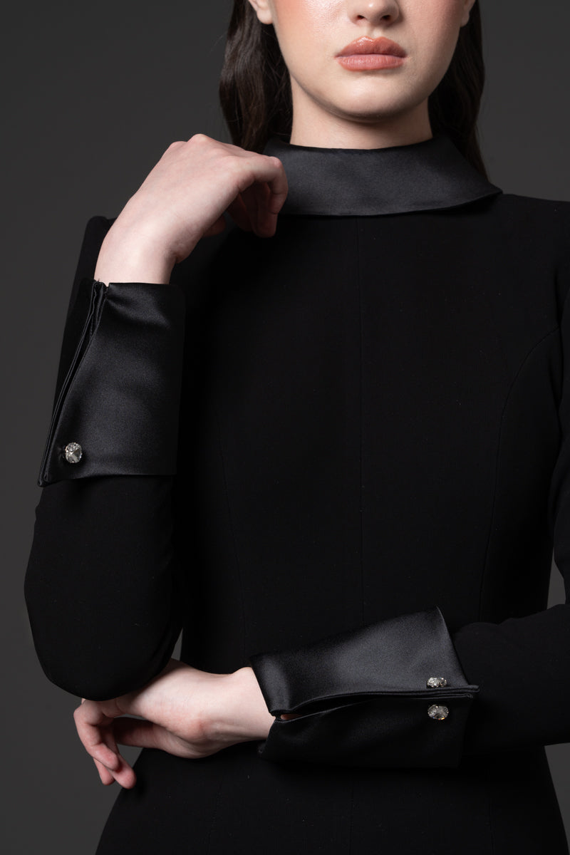 A tuxedo-inspired gown with a radzimir back-tie