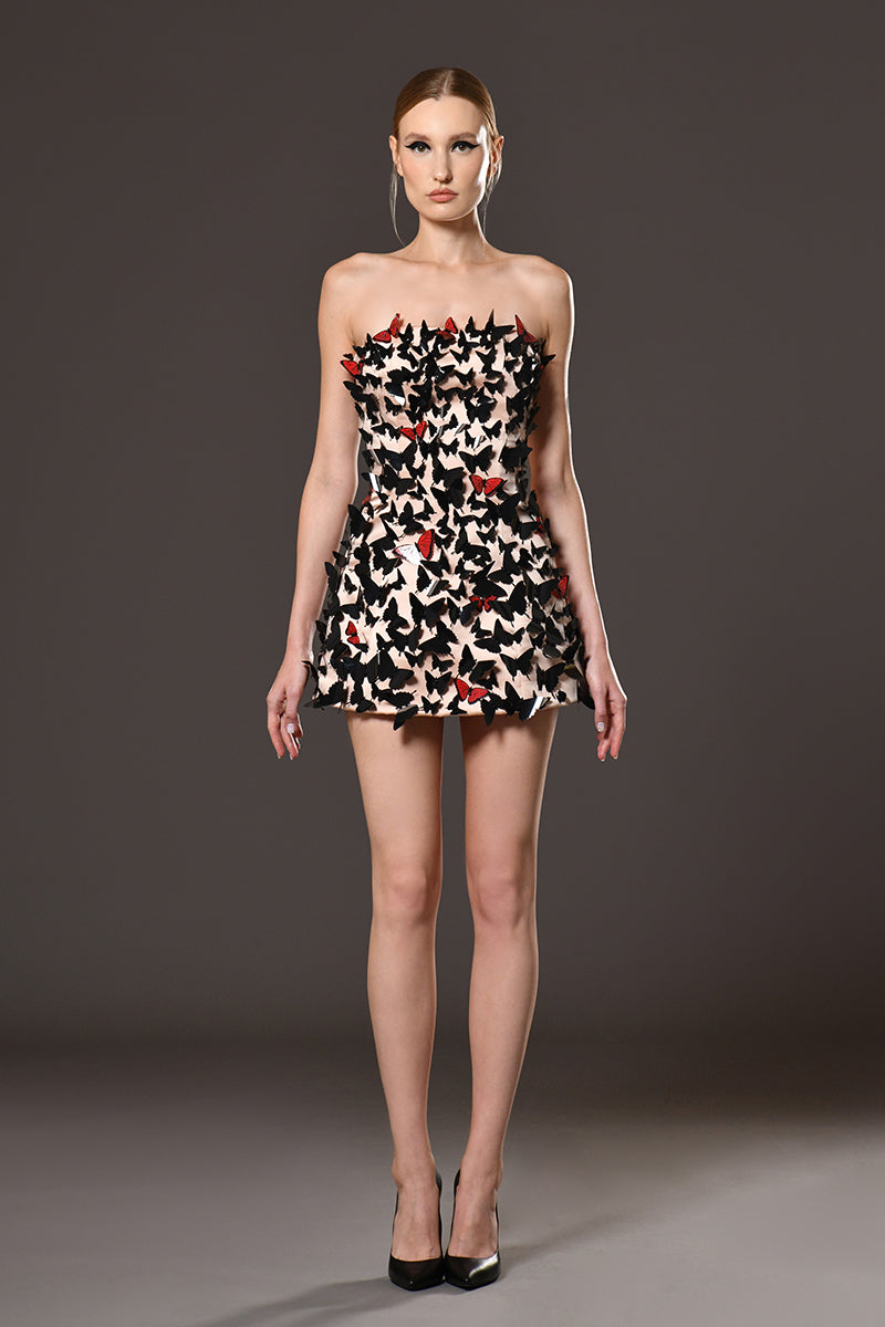 Strapless peach A-line mini dress with hand stitched laser cut butterflies