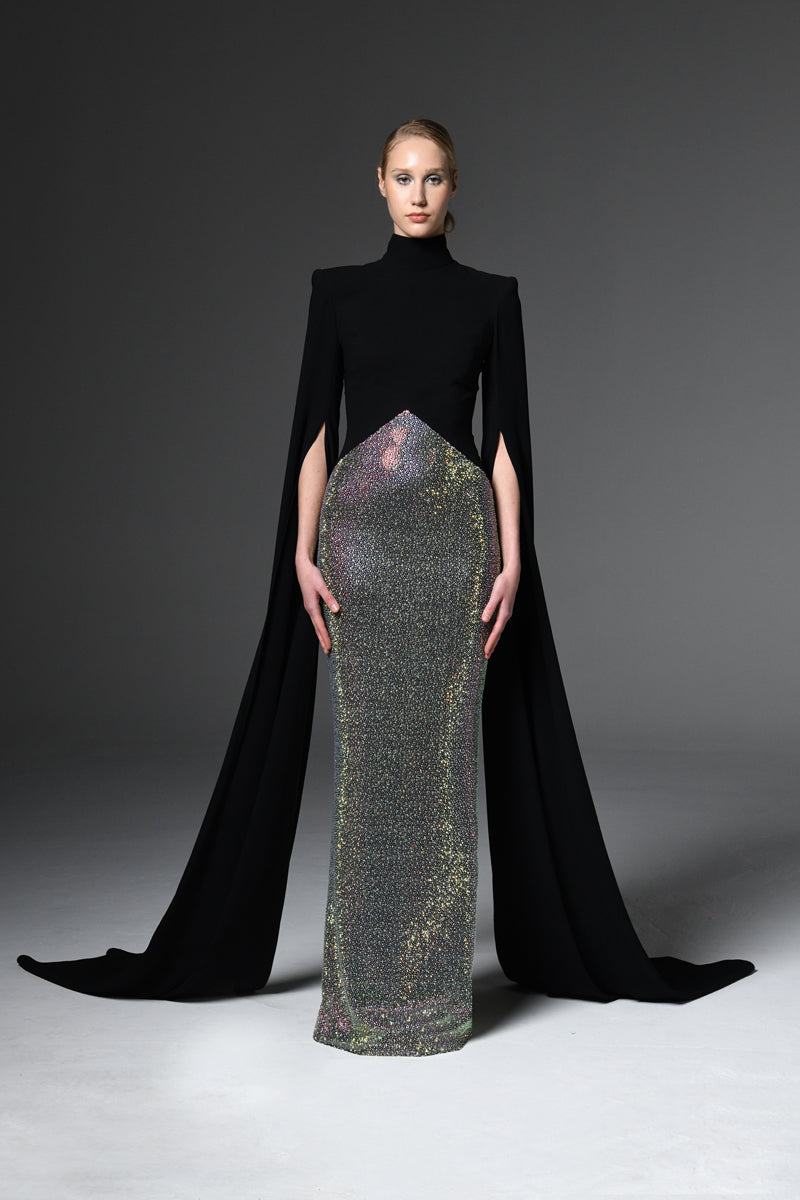 Black crêpe studded crystal dress with cape sleeves