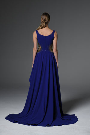 Royal blue crêpe dress embroidered on the waist