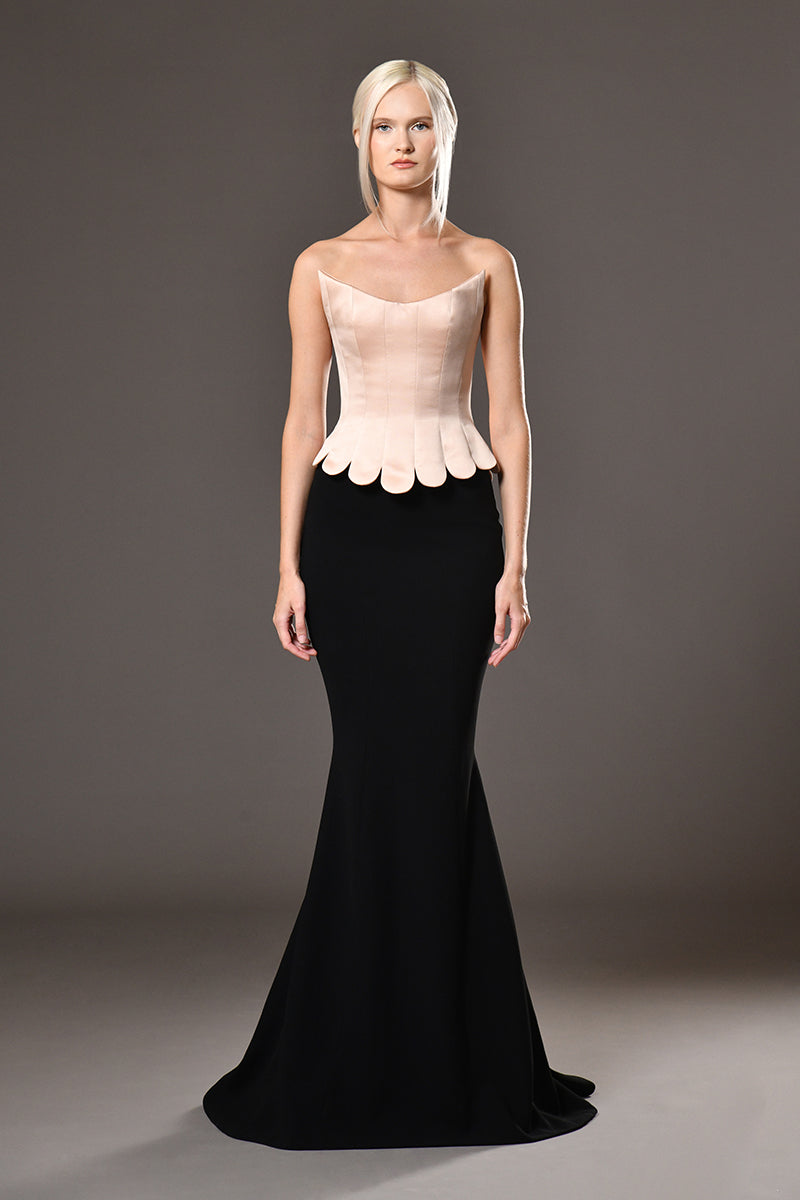Silk satin radzimir structured corset with black crêpe skirt