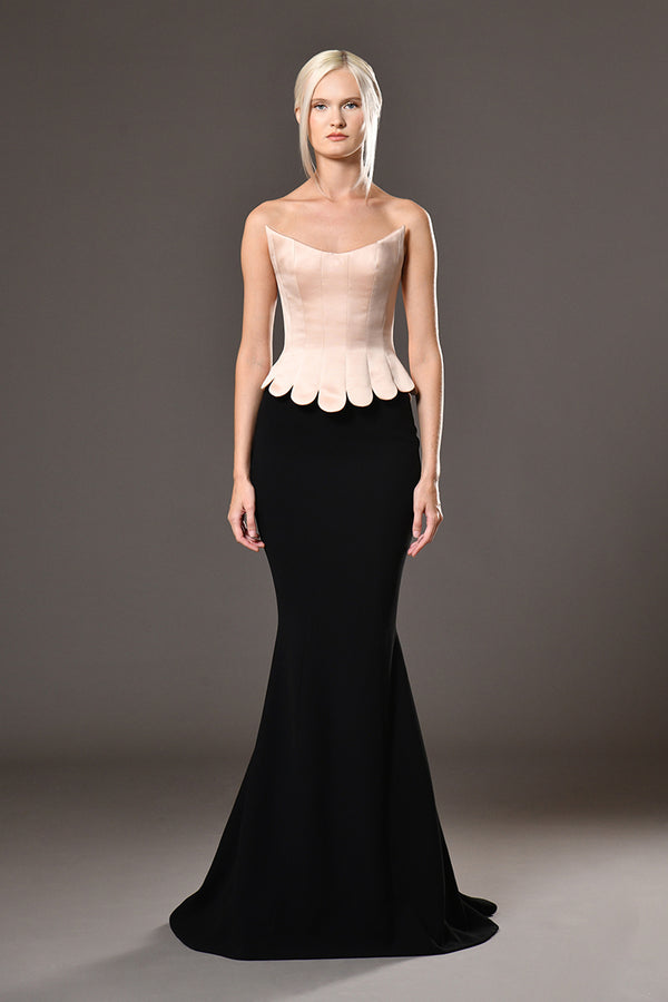 Strapless silk satin radzimir structured corset with black crêpe mermaid skirt with floor sweeping train