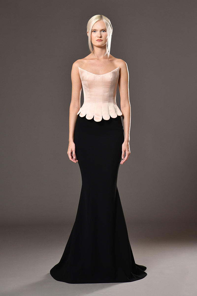 Strapless silk satin radzimir structured corset with black crêpe mermaid skirt with floor sweeping train