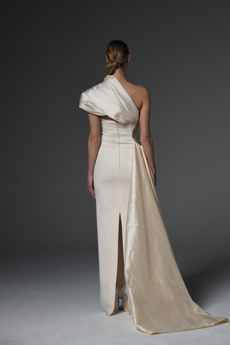 Ivory asymmetric crêpe dress with taffeta collar