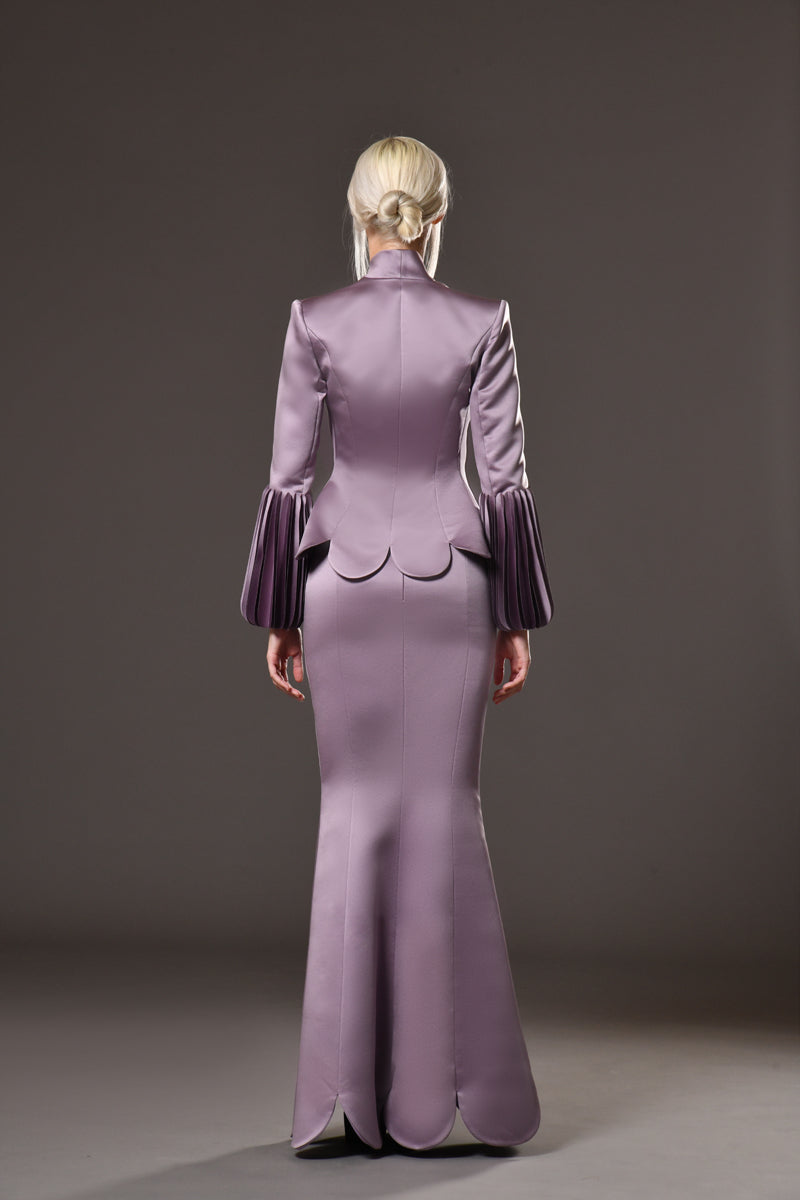 Silk satin blazer featuring intricate material work on the sleeves