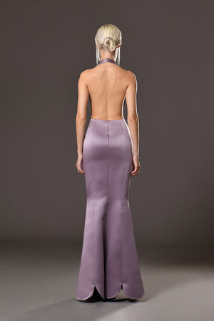 Backless purple silk satin radzimir mermaid dress with plunging V halter neck