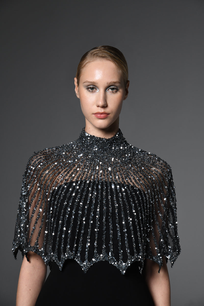 Black crêpe dress with embroidered bolero