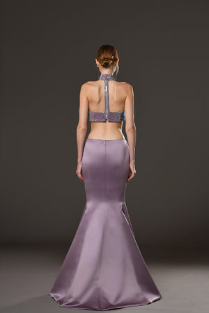 Silk satin radzimir mermaid dress with purple crystal chainmail on the bust and neckline