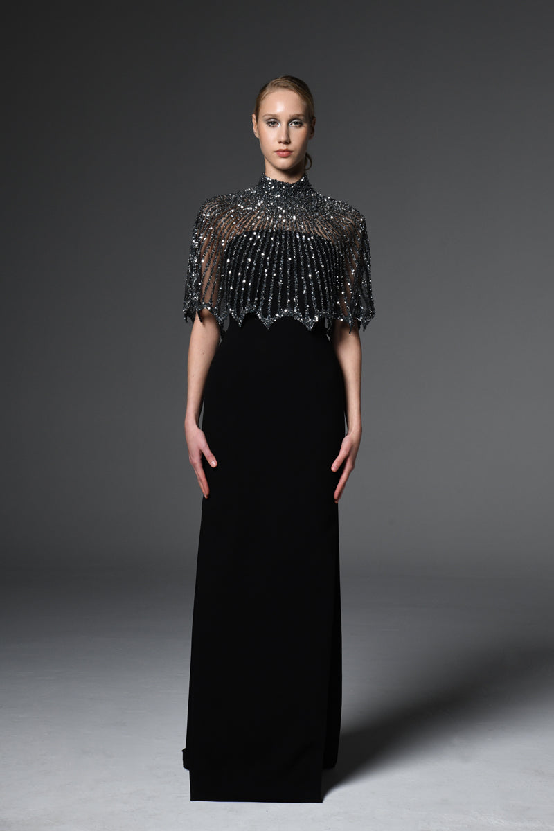 Black crêpe dress with embroidered bolero