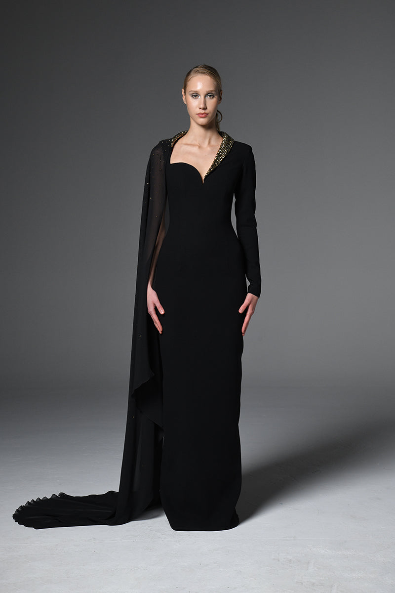Black asymmetric crêpe dress with crystals