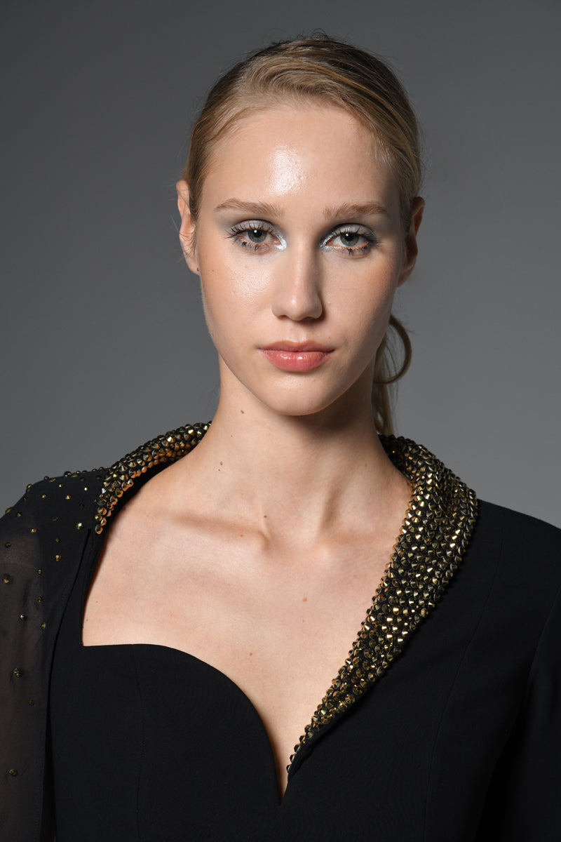 Black asymmetric crêpe dress with studded crystals
