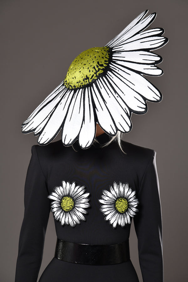 Thread embroidered daisy flowers on black jumpsuit