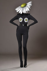 Black jumpsuit with thread embroidered daisy flowers