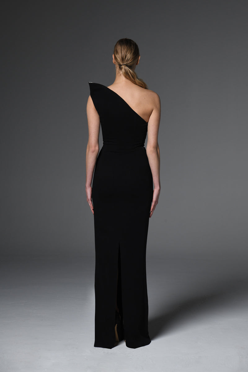 Black asymmetric crêpe embroidered dress 