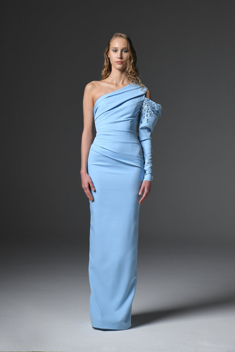 Light blue asymmetric crêpe dress with embroidered sleeve