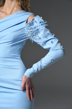 Light blue asymmetric crêpe dress with embroidered sleeve