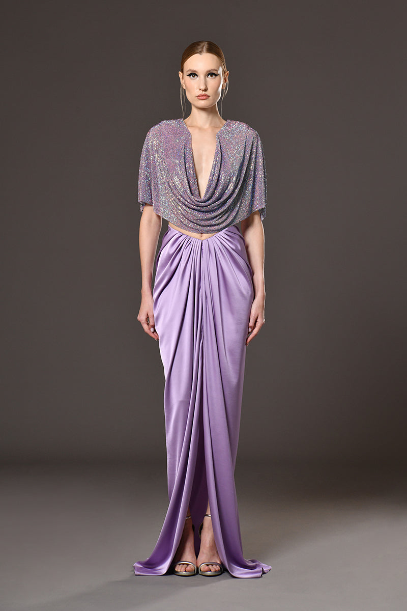 Purple crystal chainmal top with open back and silk satin radzimir gathered skirt