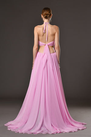 Pink A-line dress with crystal chainmail flower and open back