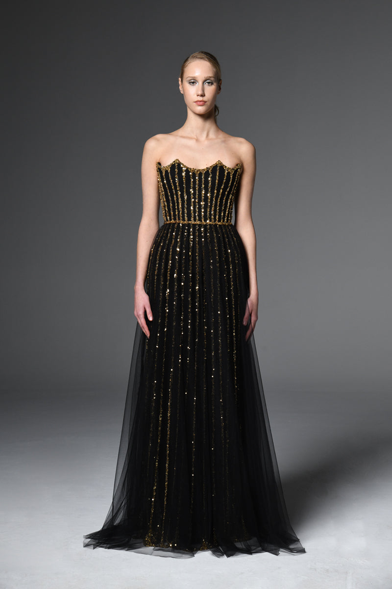 Fully embroidered gown with tulle overlay
