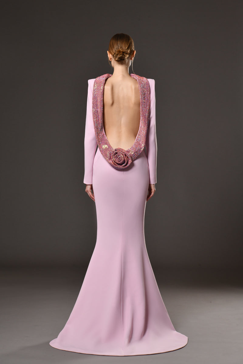 Pink crêpe dress with crystal chainmail flower detail on an open back