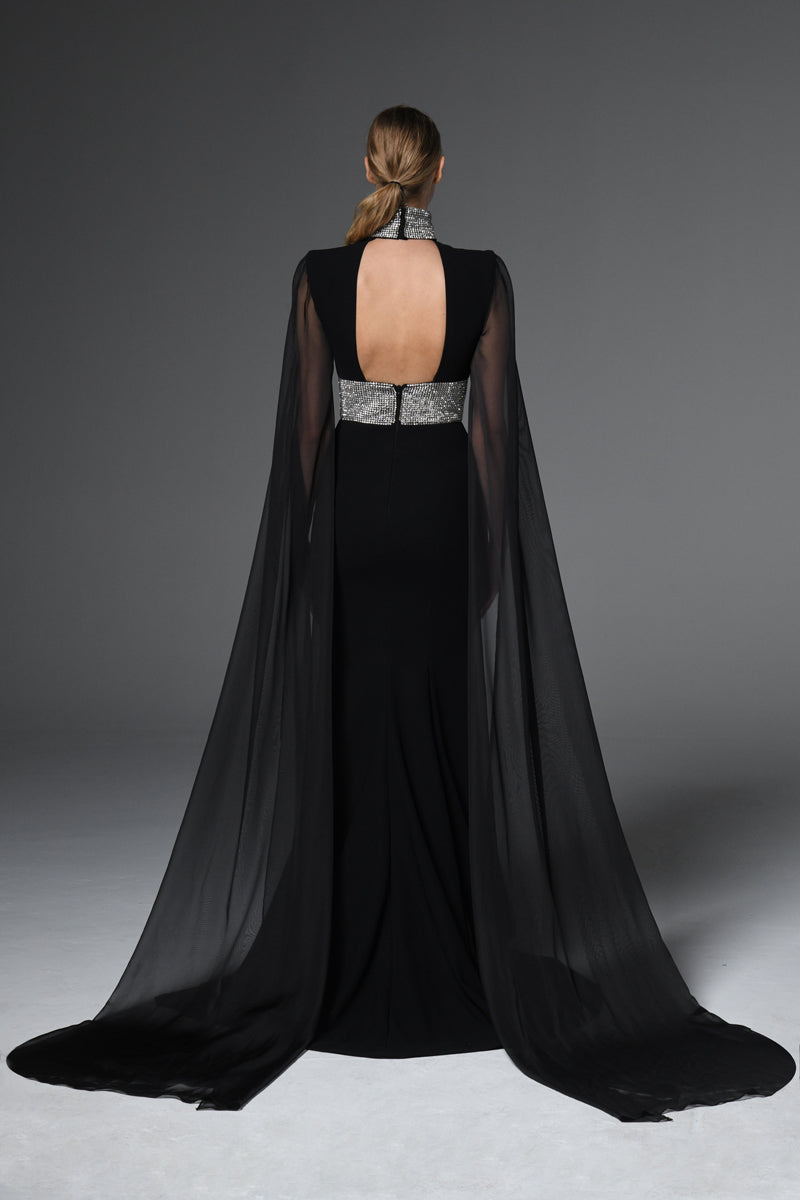 Black crêpe dress with chiffon sleeves and embellished crystals