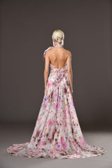 Silk organza floral print A-line dress with open back and train