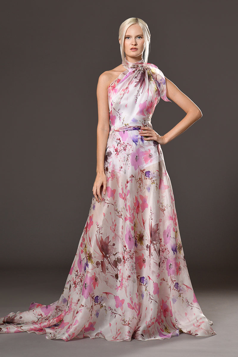Halter necked one-shoulder silk organza floral print A-line dress with open back and floor sweeping train