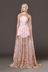 Strapless silk satin radzimir A-line dress featuring a fully embroidered sheer colored flowers skirt and neck detail