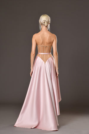 Asymmetrical silk satin radzimir pink A-line dress with sheer corset, flower cups and belt