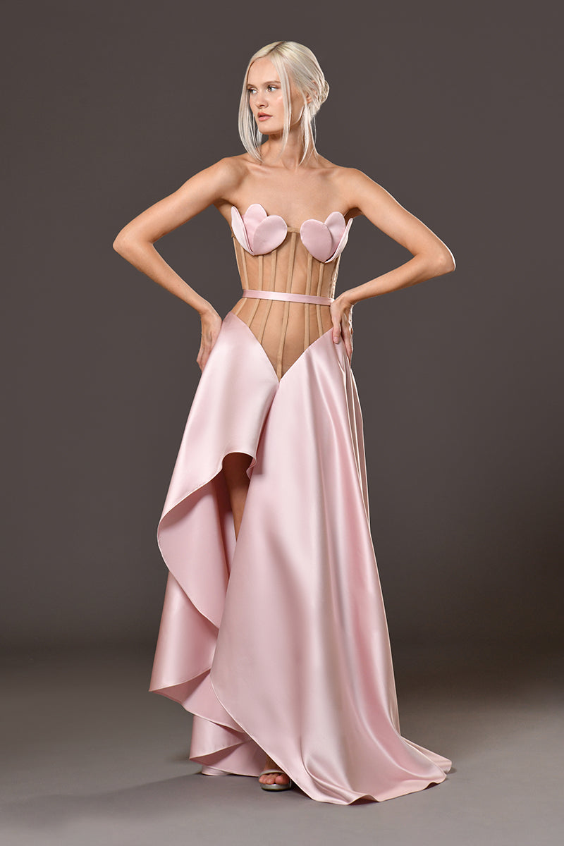 Asymmetrical silk satin radzimir pink A-line dress with sheer corset and flower cups