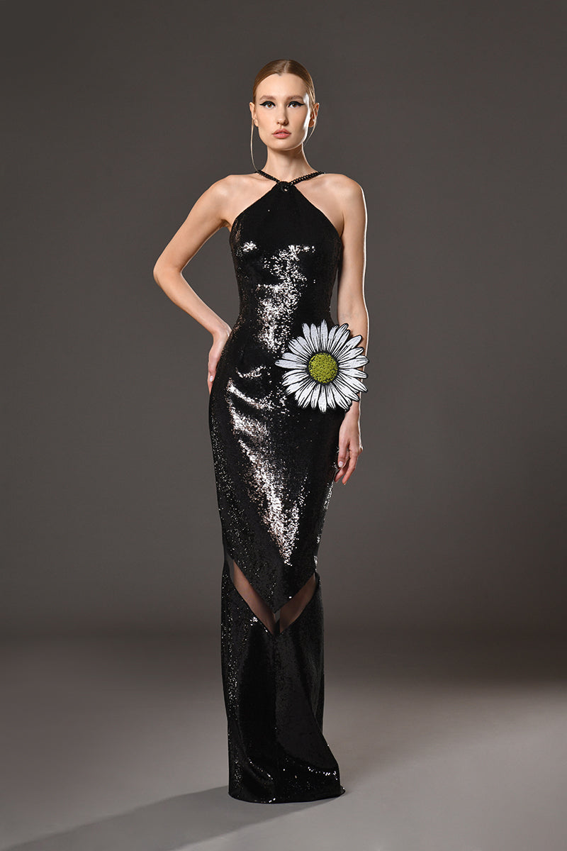 Black Sequined Dress with Embroidered Flower